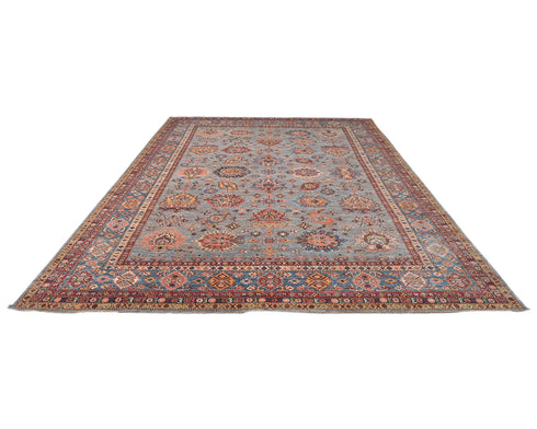 10x14 Gray Kazak Afghan Hand Knotted Geometric Wool Area Rug